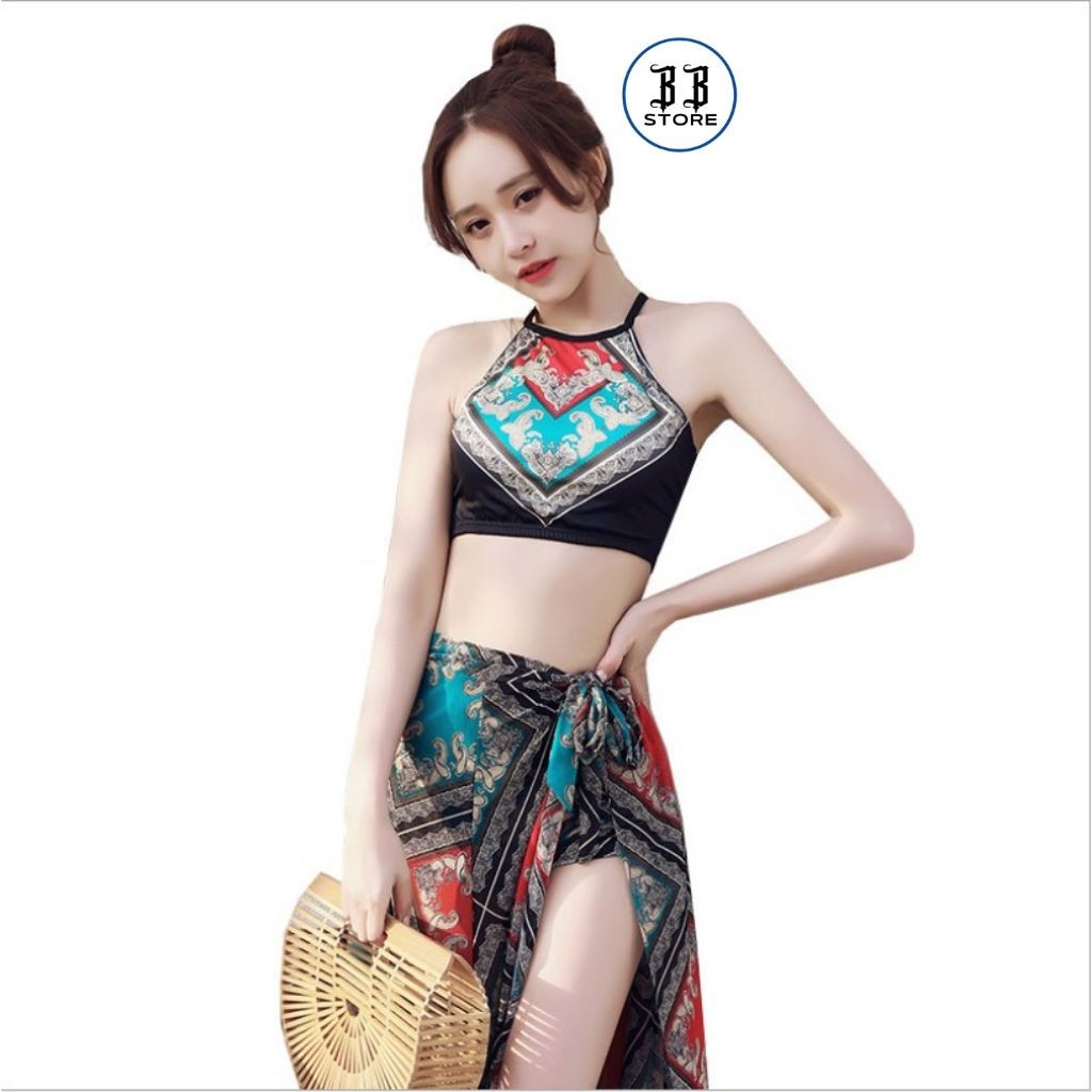 Đồ bơi nữ, bikini đi biển set 3 món họa tiết thổ cẩm Loại 1