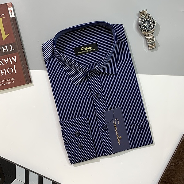 [HÀNG VIỆT NAM] Áo Sơ Mi Nam Công Sở Thương Hiệu Anton Dài Tay Vải Cotton Kẻ Sọc Dọc Màu Xanh Tím Than - 303