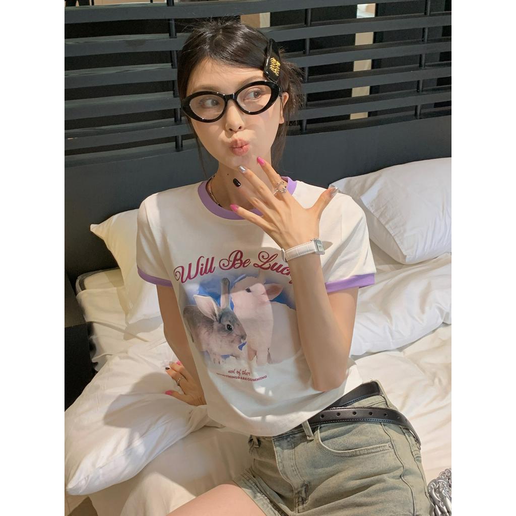 Áo Thun Cộc Tay In Hình Thỏ Dễ Thương Màu Tương Phản Thời Trang Cho Nữ 62650