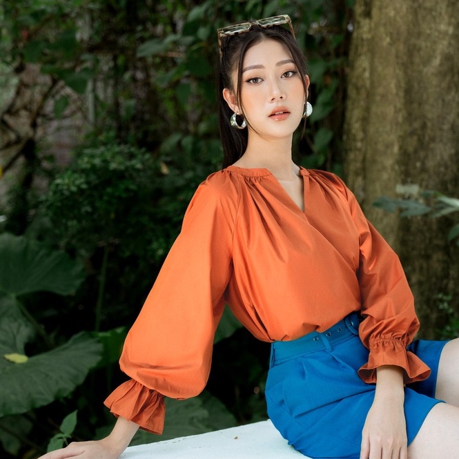 Áo sơ mi dài tay tay bồng nhún eo dáng suông cổ cách điệu hiện đại HeraDG SAKBB5066