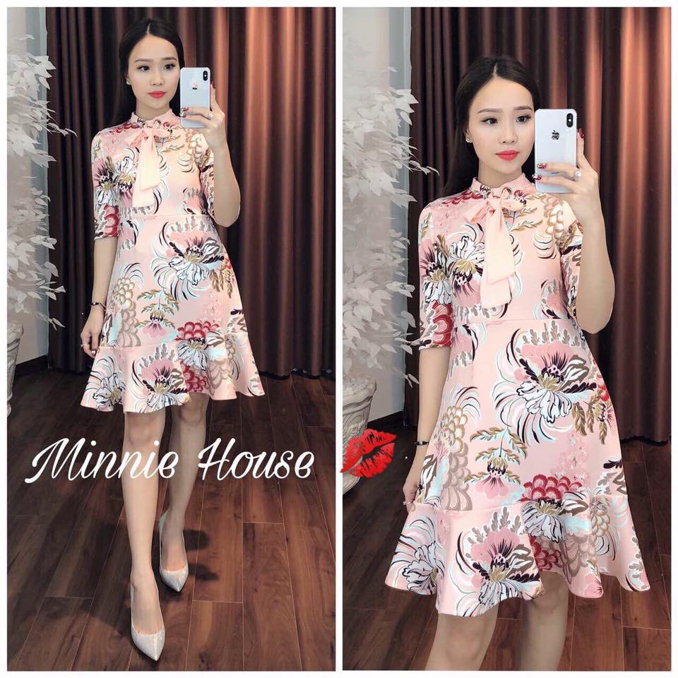 Đầm suông in hoa 3D bèo lai cổ nơ xinh xắn