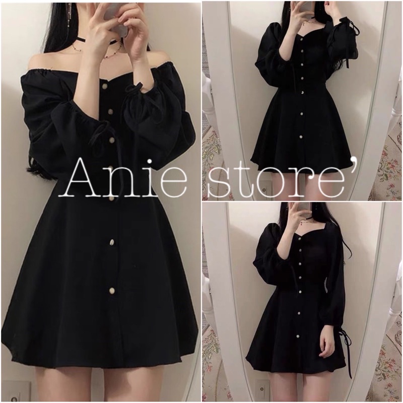 Đầm Nữ Đen Tay Phối Nơ Chất Đũi 🦋 Váy Nữ Dáng Lỡ Hàng Cúc Trước 🦋