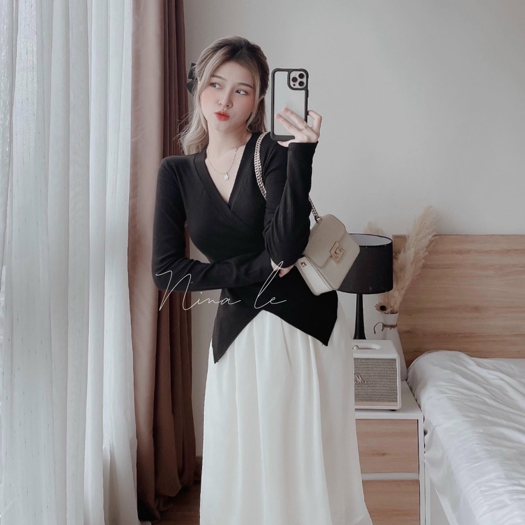 Set Áo Cổ Tim Tay Dài Vạt Chéo Tà Và Chân Váy Có Lót