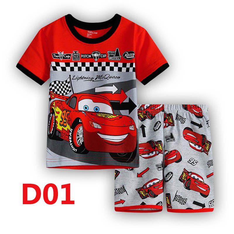 Set đồ ngủ 2 món áo thun tay ngắn in họa tiết xe hơi hoạt hình 95 và quần đùi dành cho bé trai 1-7 tuổi