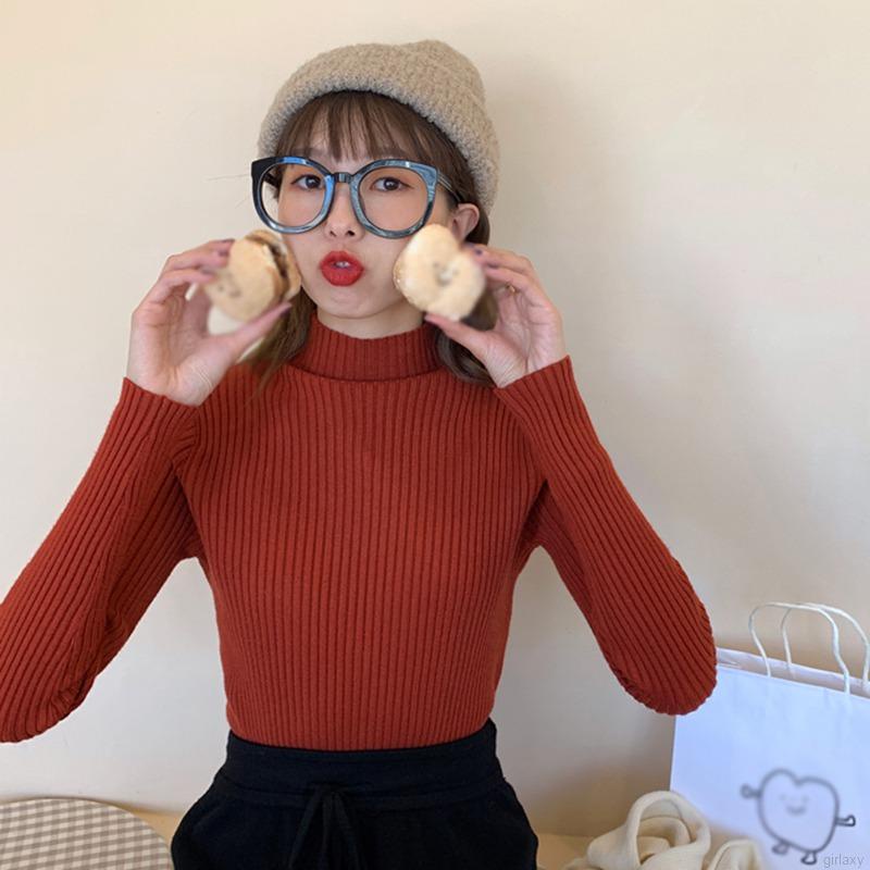 Áo thun tay dài cổ lọ màu sắc đơn giản cho nữ