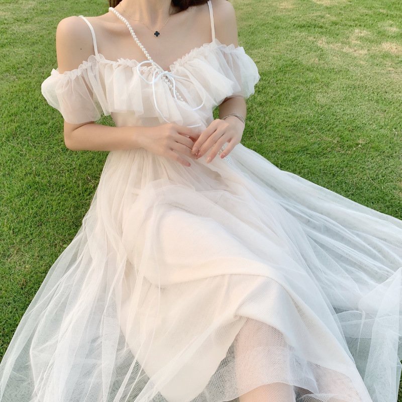 Đầm Váy trắng đi biển nữ đẹp trễ vai maxi 2 dây dài rộng bigsize bikini kiểu Hàn Quốc vintage hở lưng 1111 DK14T302