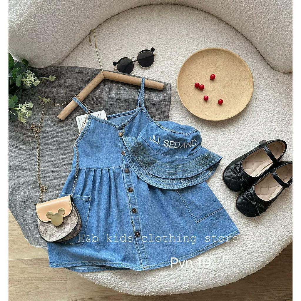 Váy cho bé gái , sét váy Jeans 2 dây kèm mũ thêu xịn sò cho bé gái 8-25kg