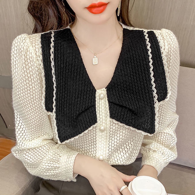 Áo dài tay cổ búp bê phối ren phong cách ngọt ngào thời trang mùa thu mới cho nữ