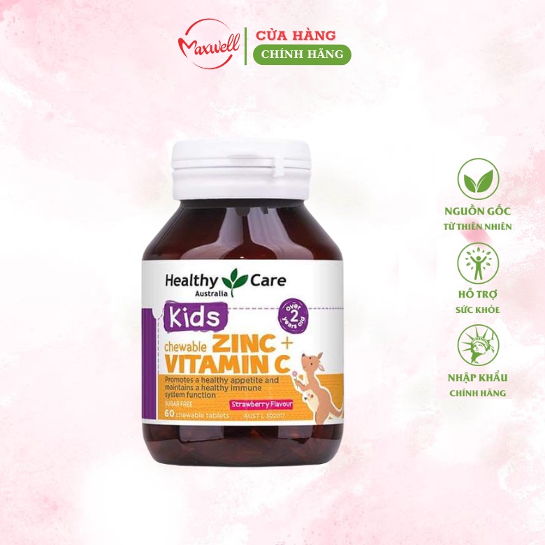 Viên nhai bổ sung kẽm và vitamin C Healthy Care Kids Chewable 60 viên vị dâu Maxwell