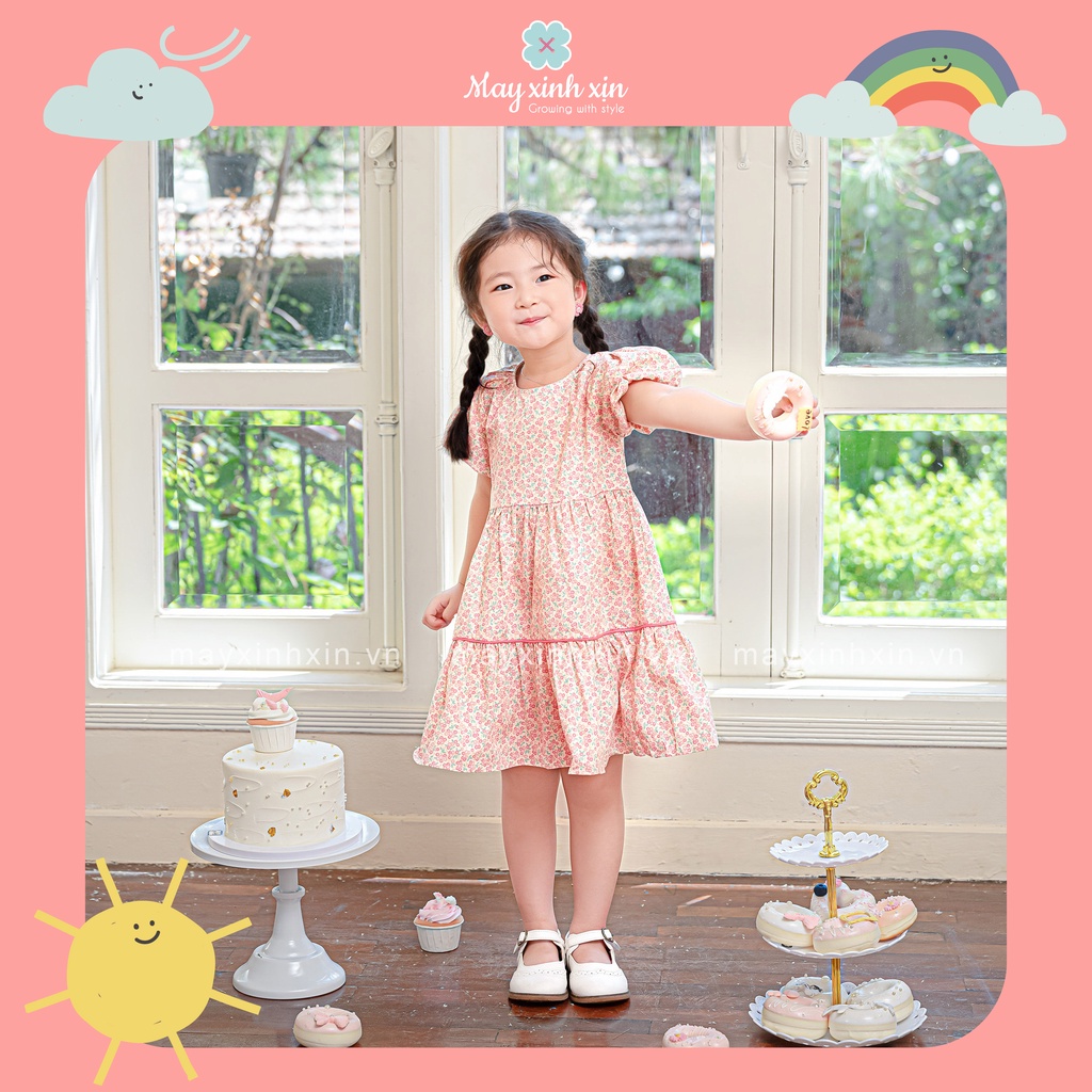 Váy bé gái MAY XINH XỊN thô hoa nhí hồng nhẹ Camu