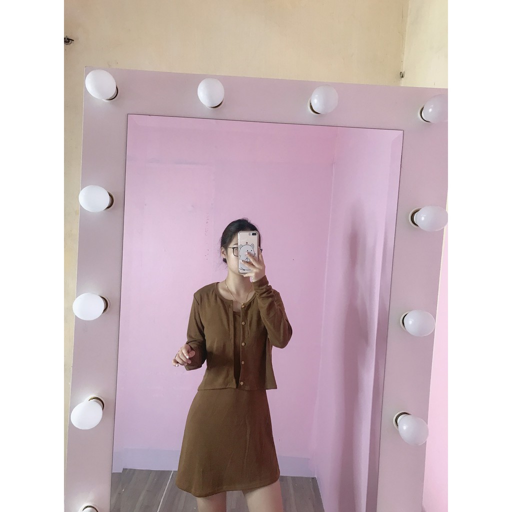 Set áo cardigan dài tay phối váy body 2 dây dáng suông ulzzang/ Set váy áo 2 món dáng ngắn trẻ trung cá tính_veestore