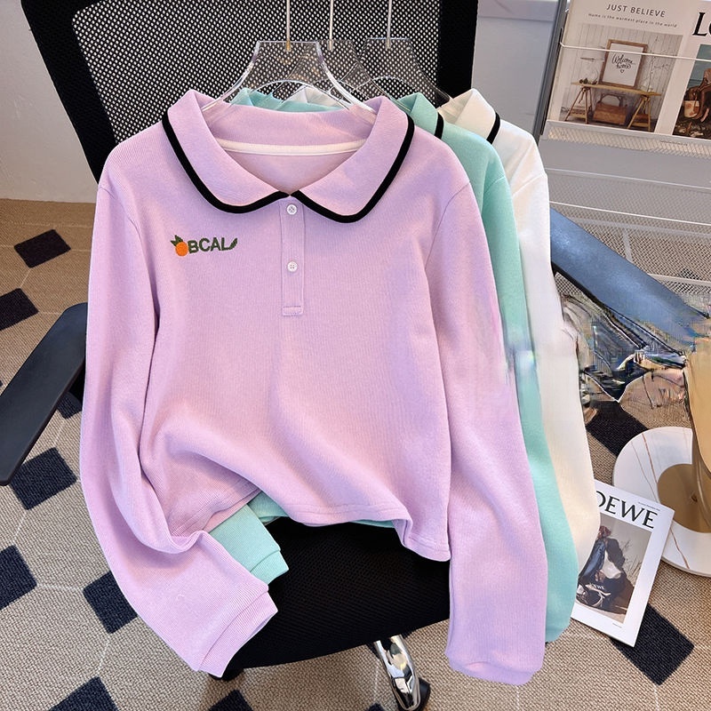 Áo Thun Lửng Tay Dài Có Cổ Thêu Chữ Thời Trang Mùa Thu Mới Cho Nữ