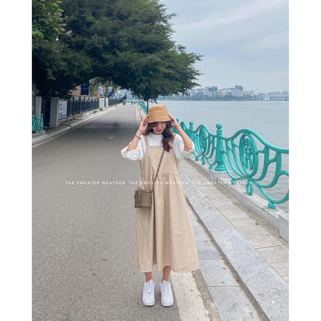 SET VÁY YẾM KAKI BE + ÁO THUN TRẮNG - BỘ ĐẦM 2 DÂY BẢN TO MÀU BE DÁNG DÀI ULZZANG