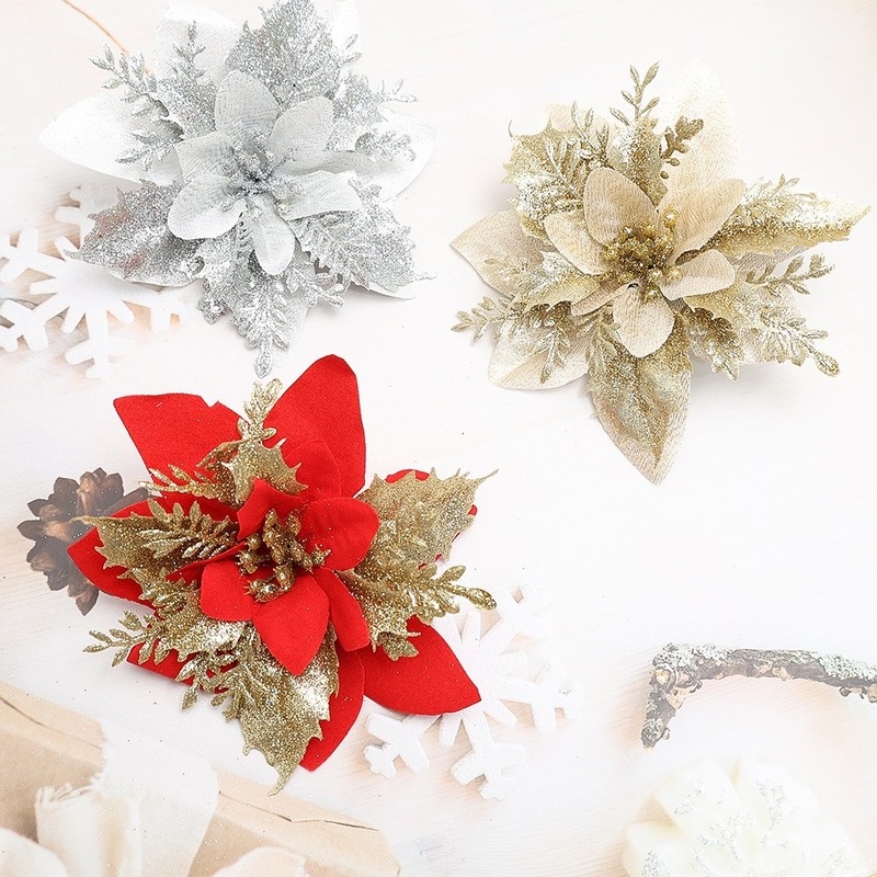 Túi 5 Bông Hoa Bột Vàng / Vải Nhựa Nhiều Lớp Trang Trí Cây Thông Giáng Sinh / Nhà Cửa DIY