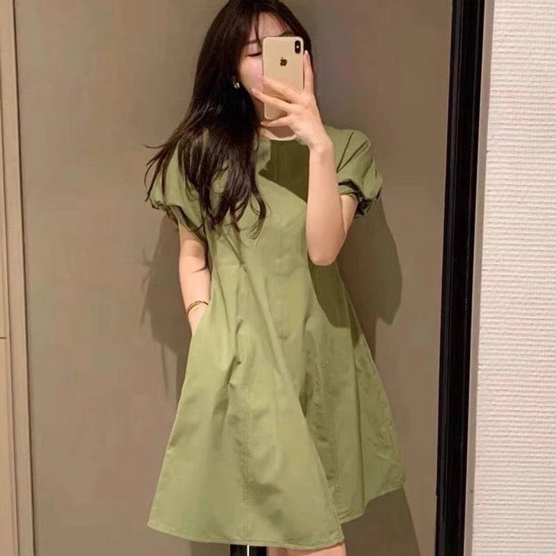 (Sẵn Cốm) Váy linen thô đũi tay bồng dáng suông chữ A 2 túi chéo Hàn Quốc chất mát - Ảnh thật Yena Closet