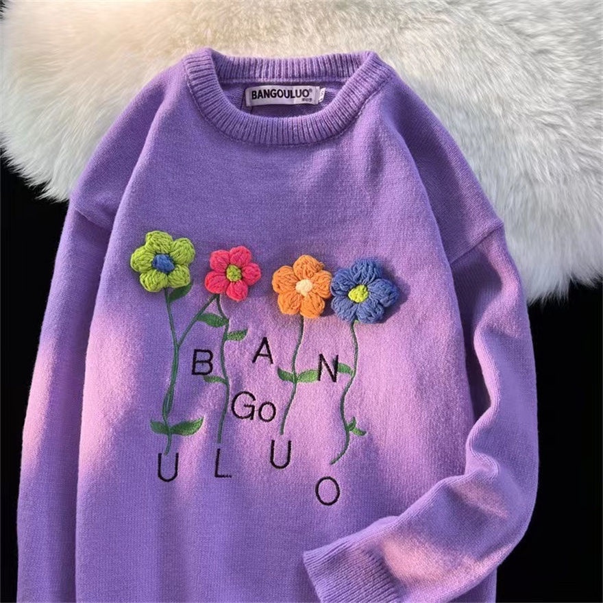 Ngọt Ngào Áo Khoác Dệt Kim Mềm Mại Ba Chiều Họa Tiết Hoa Dáng Rộng Nhẹ Nhàng Phong Cách retro Và Sang Trọng Cho Nữ