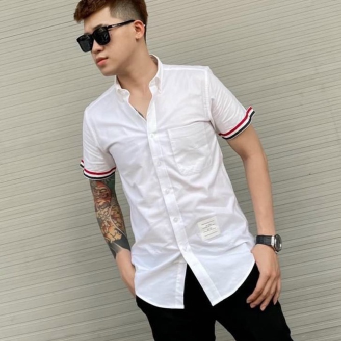 Áo sơ mi ngắn tay mẫu mới phối viền thêu túi thơm vải lụa màu sáng nổi bật dày dặn không nhăn