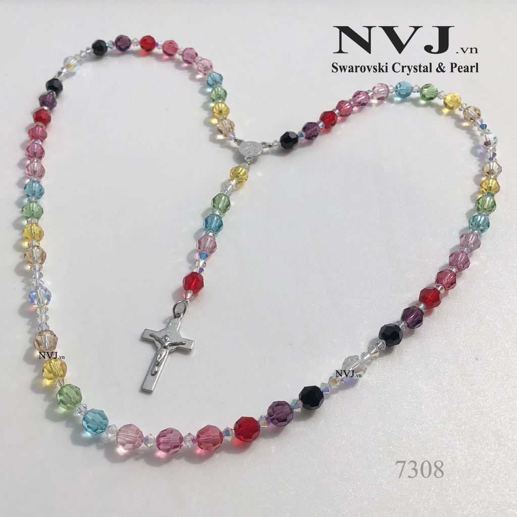 Chuỗi mân côi SWAROVSKI - 50 hạt tròn 8ly pha lê cao cấp của Áo màu sắc cầu vồng rực rỡ- Trang sức công giáo NVJ