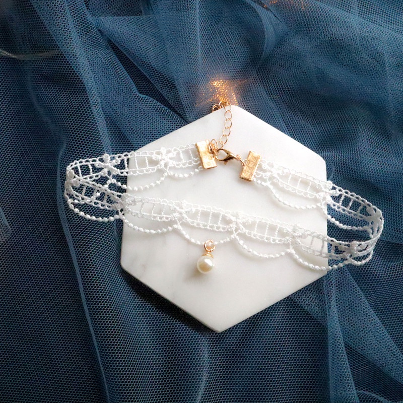 Vòng Cổ Choker Ren Trắng Đính Ngọc Trai Phong Cách Hàn Quốc