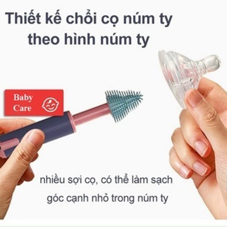 (Cọ 3 chi tiết) Dụng cụ cọ rửa bình sữa Silicon tay cầm xoay 360 độ siêu sạch tiện lợi an toàn cho bé