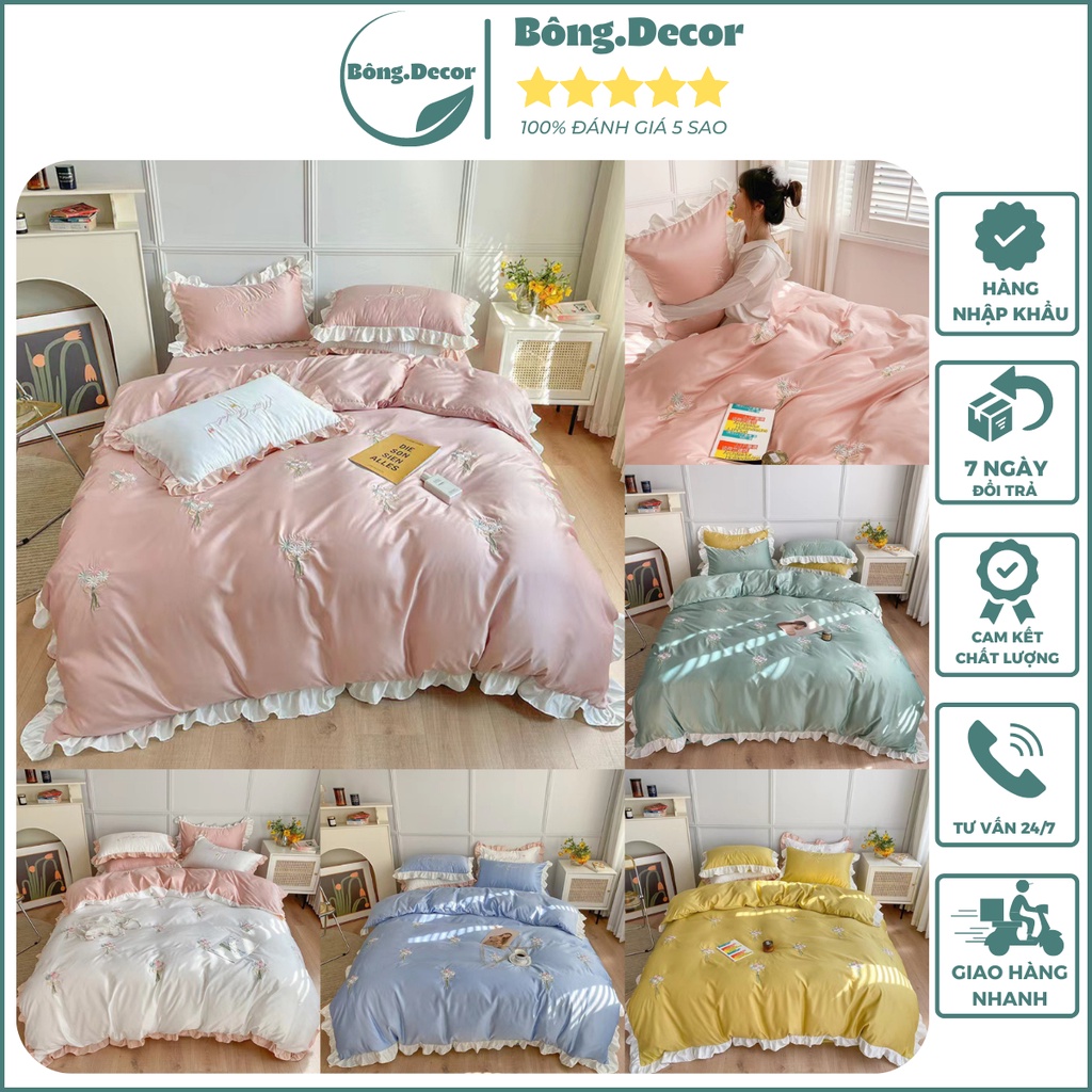 Chăn ga gối lụa viền bèo công chúa dễ thương, chăn ga lụa nhập khẩu cao cấp mềm mịn thoáng khí - Bông.Decor