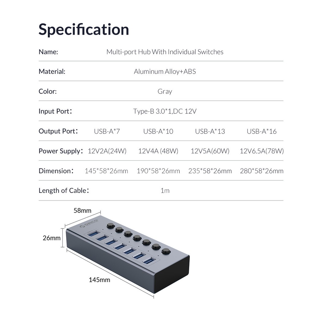 Bộ Chia USB HUB ORICO BT2U3-7AB 7 Cổng USB 3.0 Với Các Cổng Riêng Lẻ- Hàng Chính Hãng