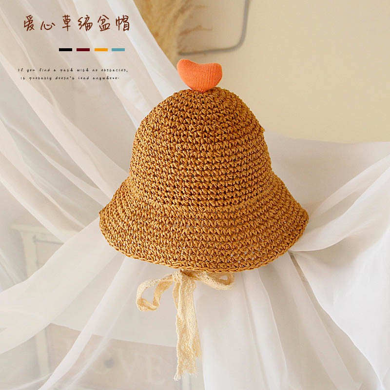 Mũ cói đính trái tim phong cách mùa hè thiết kế kiểu Hàn Quốc dễ thương dành cho bé gái