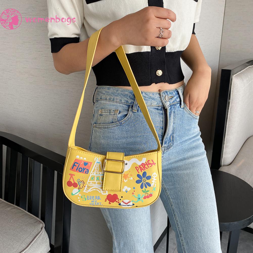 [Mã FASHIONCB264 giảm 10K đơn bất kỳ] Túi đeo vai làm bằng da PU họa tiết Graffiti dành cho nữ