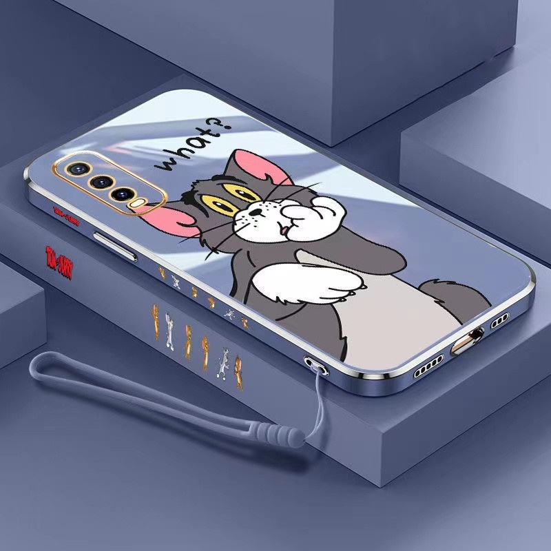 Samsung A50 A30 A20 A30S A50S A12 5G A21S A03S A22 4G A11 M11 M12 A02S A02 A10S M01S M02 M02S Straight Edge 90° Electroplating Cartoon Tom Cat Couple Shockproof Phone Case