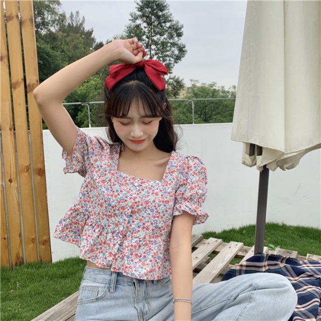 Áo Croptop Cổ Vuông Tay Bồng Tặng Scrunchie Cùng Màu