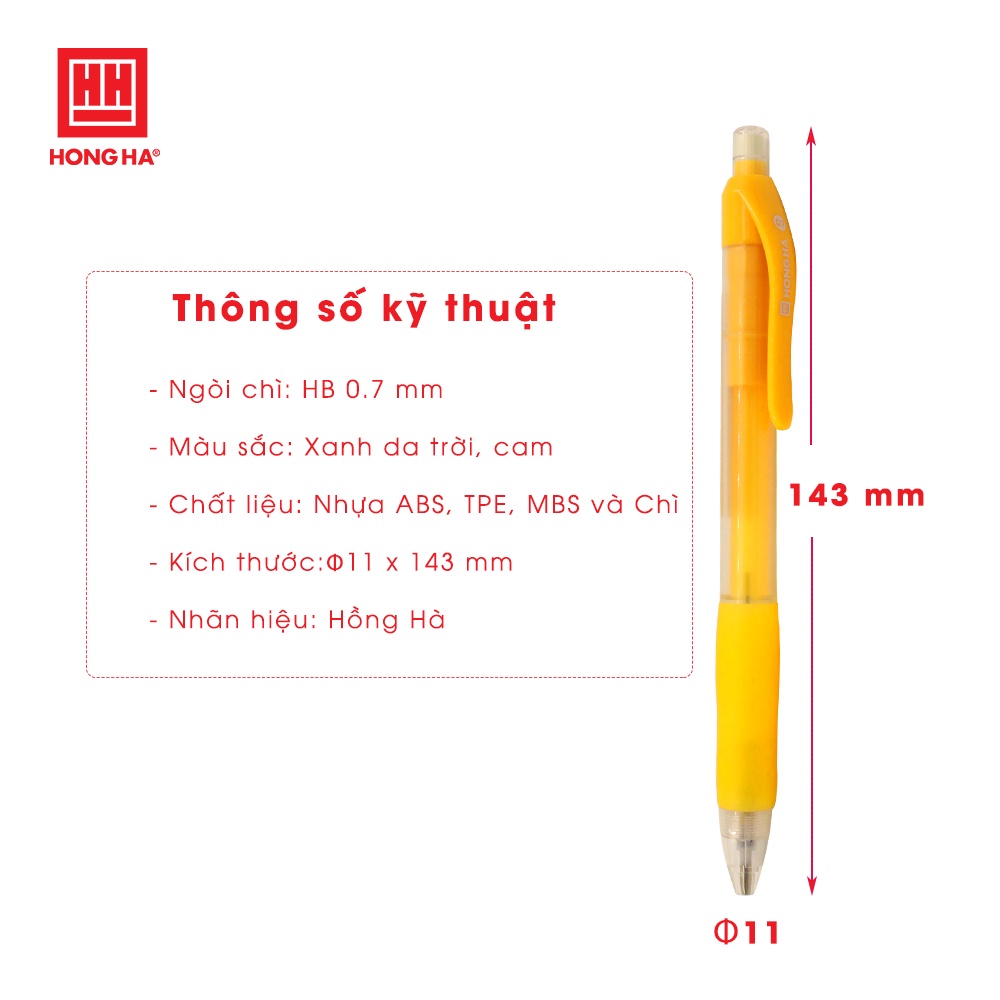 Bút chì kim kháng khuẩn bấm ngòi 0.7mm Hồng Hà kèm đầu tẩy tiện lợi - 3542