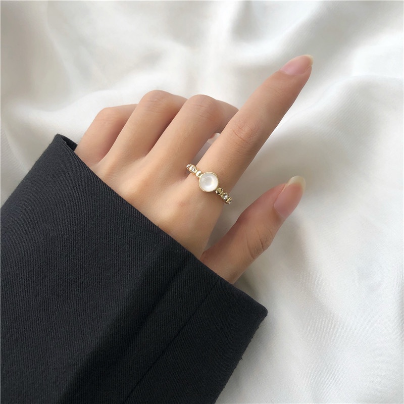 Nhẫn đính đá Opal tròn phong cách Hàn Quốc retro thời trang