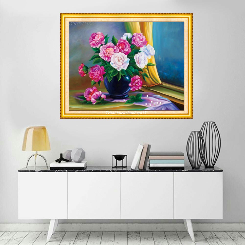 Tranh đính đá bình hoa KT:50x65cm,tranh gắn đá chưa gắn