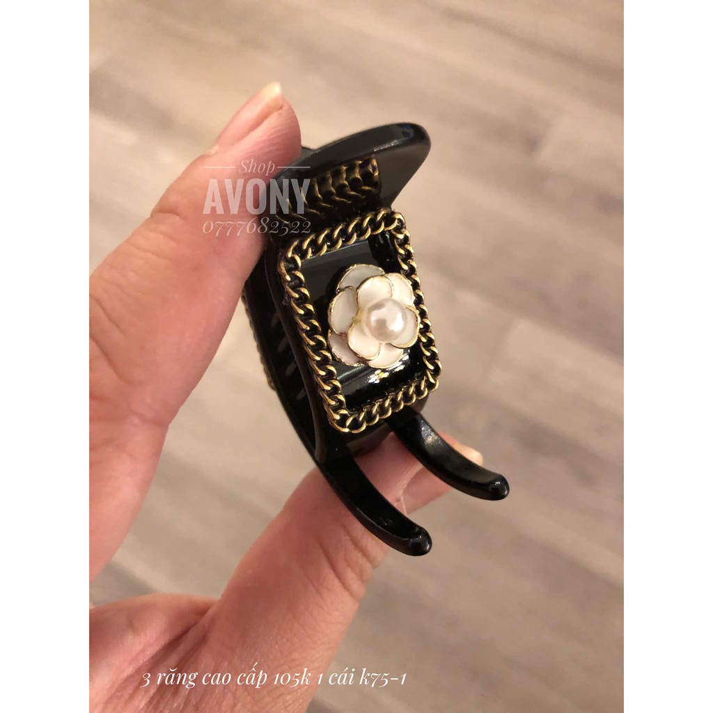 [cao cấp] Kẹp tóc càng cua - Bấu tóc 3 răng đính đá đen (hoa trắng, thương hiệu thời trang)