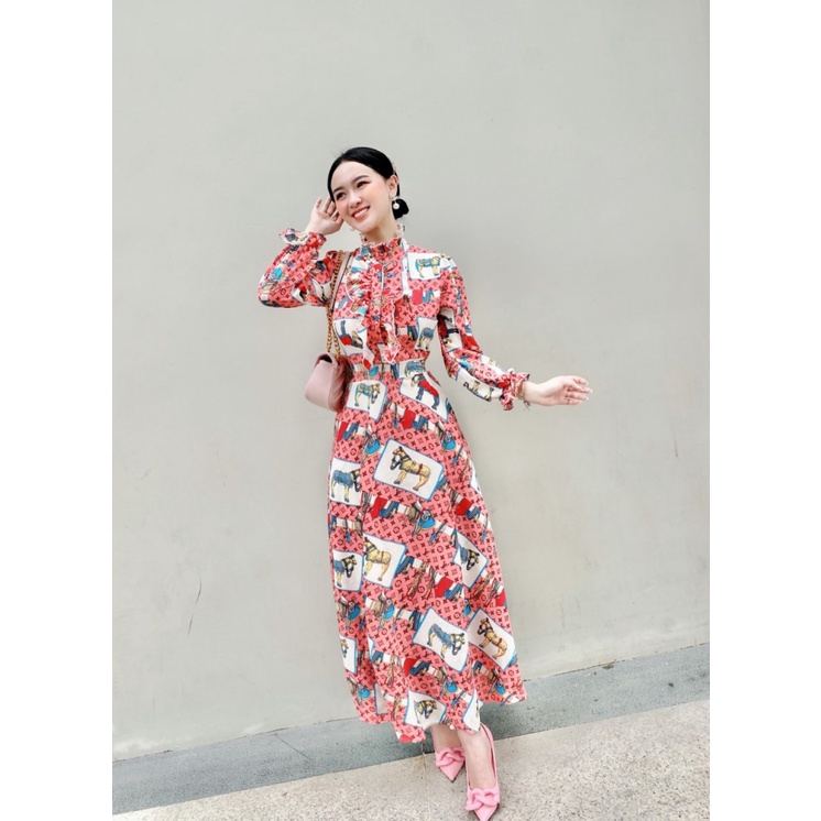 (Free ship) Mẫu Cực HOT-- Mẫu THiết Kế Hợp Thời Trang | Đầm Lụa Cổ Cao Tay Dài In Họa Tiết  UP VLTN Shop