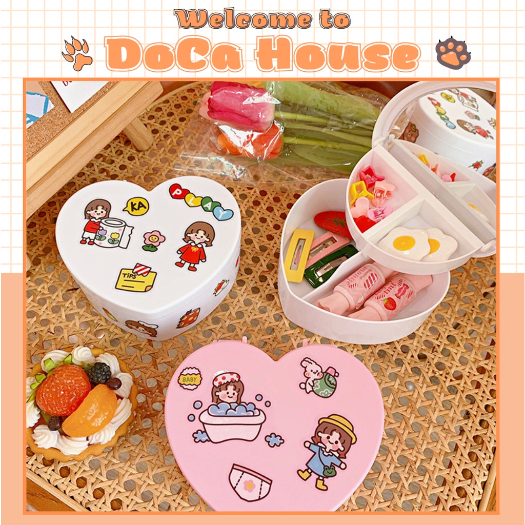 Hộp đựng đồ DOCA nhiều ngăn, hộp trái tim đựng nữ trang kẹp tóc 2 tầng có gương soi dễ thương (tặng sticker)