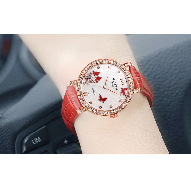Đồng hồ nữ WLISTH W608 mặt đính đá sang trọng dây da 4 màu thời trang