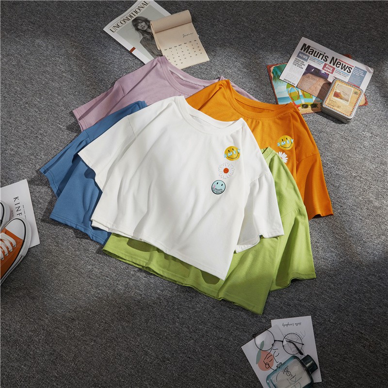 [FREESHIP ĐƠN TỪ 50K] Áo croptop logo 3 hình mặt cười hoa cúc HARI0320
