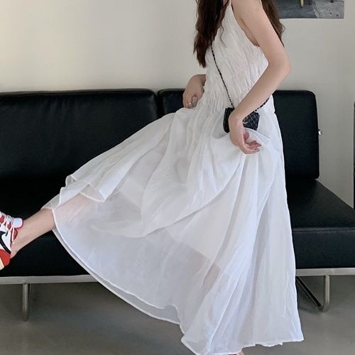 Đầm Hai Dây Cổ Chữ V Màu Trắng Thiết Kế Xếp Ly Phong Cách Hàn Quốc Hàng Mới 2022 Thời Trang Cho Nữ