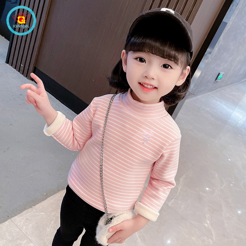 Áo thun IQ ANGEL tay dài cổ vừa lót lông cừu dày dặn giữ ấm thời trang cho bé trai và gái