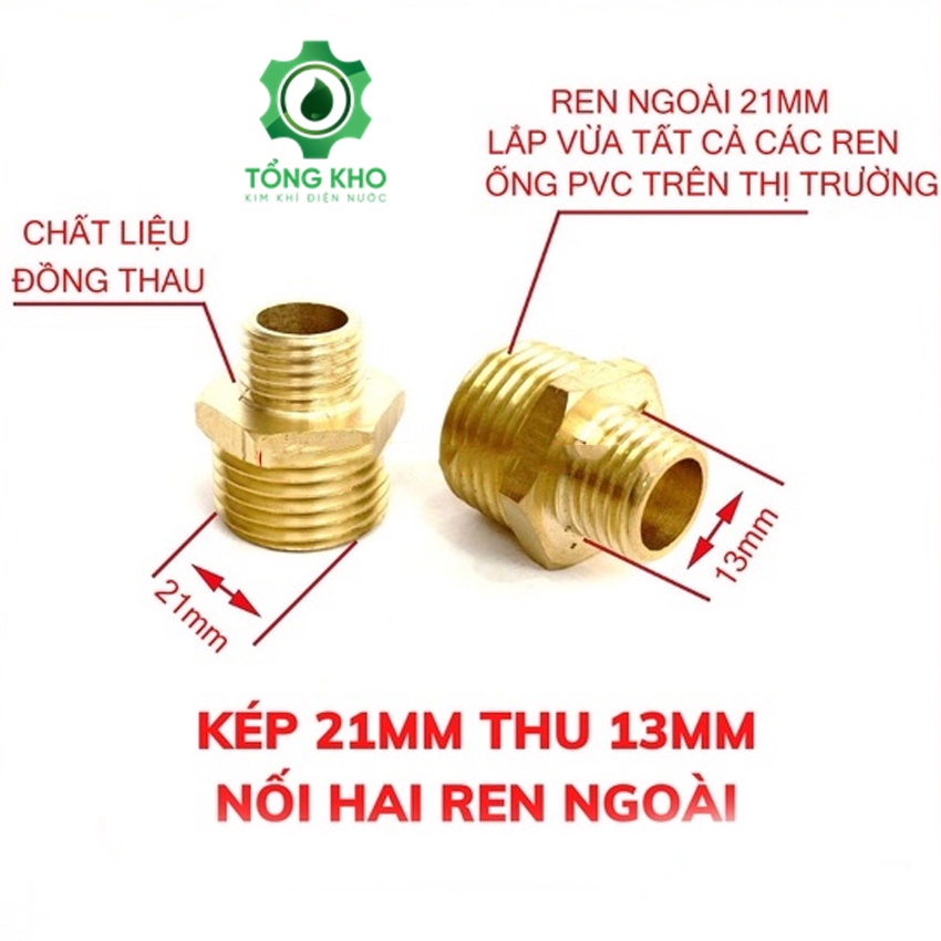 Kép 21mm thu 13mm nối thau 2 đầu ren ngoài - Kép thu ren ngoài 21mm sang 13mm -Tổng kho kim khí điện nước