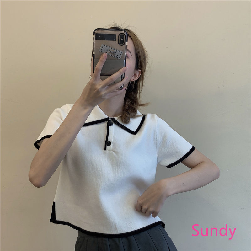 Áo thun tay ngắn dáng ôm màu tương phản thời trang cho nữ