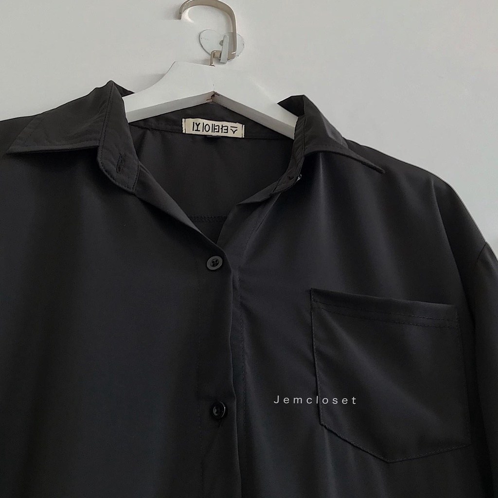 Áo Sơ Mi Nữ Dài Tay Đen Trơn Basic JEM CLOSET Sơ Mi Form Rộng Cổ Bẻ 1 Túi Ngực Phong Cách Ulzzang Hàn Quốc BLA 1537