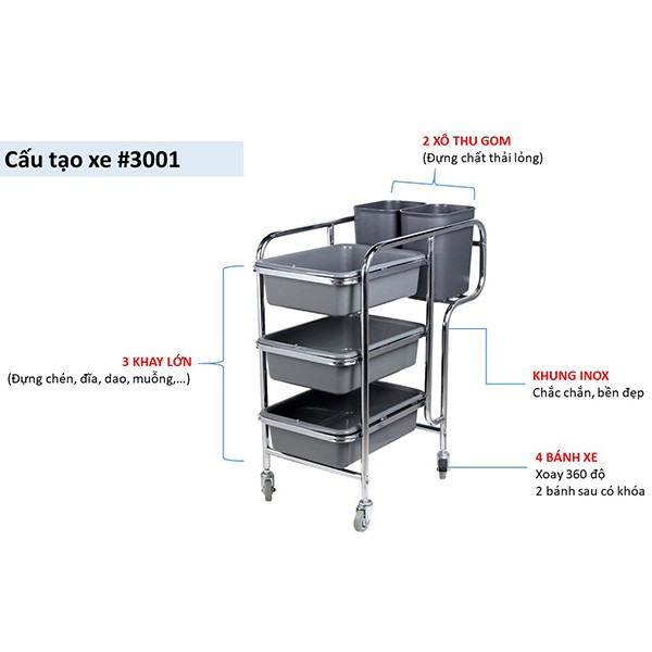 Xe Đẩy Thu Gom Thức ăn Siêu Tiện Lợi , khung Inox, , 4 bánh xe (2 bánh có khóa), bảo hành 12 tháng