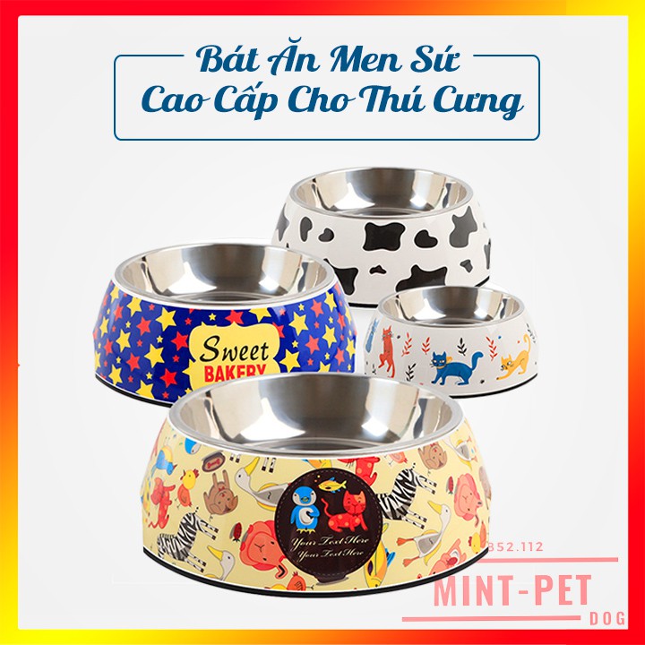 Bát Ăn Cho Thú Cưng Chó Mèo Men Sứ Lòng Inox #Mint Pet