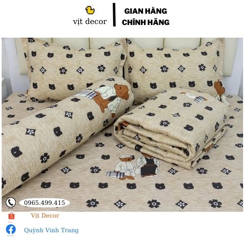 Bộ chăn ga gối gấu hoa nâu cotton poly, set chăn ga gối gấu hoa nâu cotton poly miễn phí bo chun ga giường