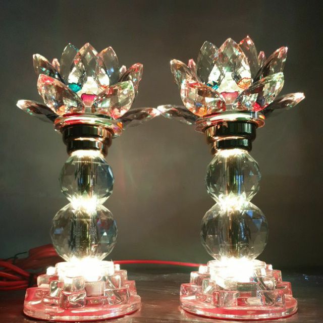 Cặp đèn thờ 7 màu hoa sen pha lê cao cấp mo1