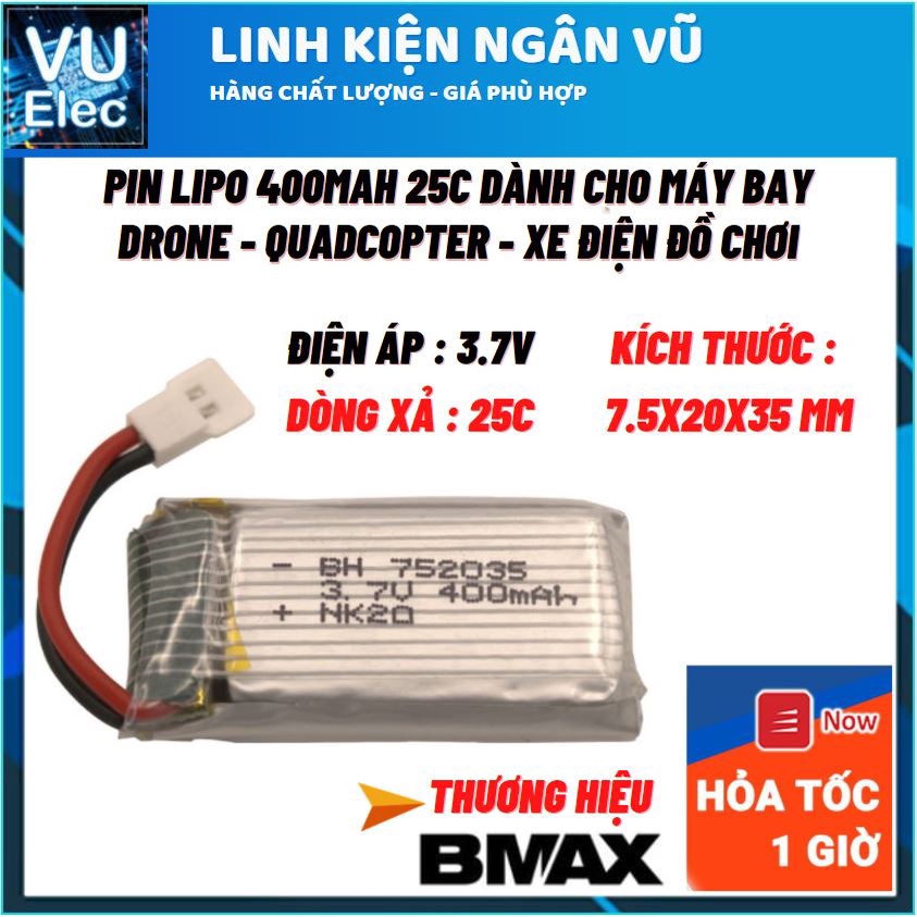 Pin Lipo 1s 400mah 702035 dòng xả 25C, pin drone , pin máy bay, pin xe đua