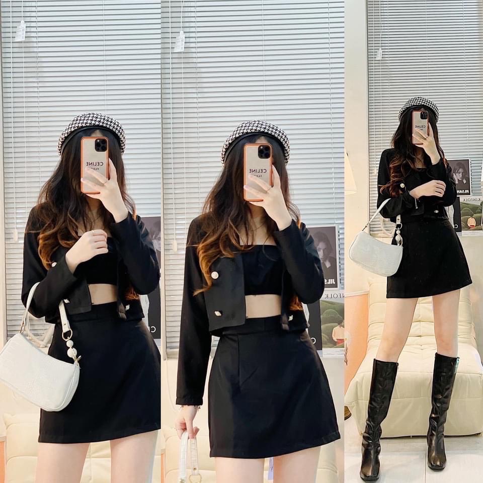 Set Crop đen nữ 3 món: Áo vest+ áo quây croptop+ chân váy ngắn chữ A chun eo