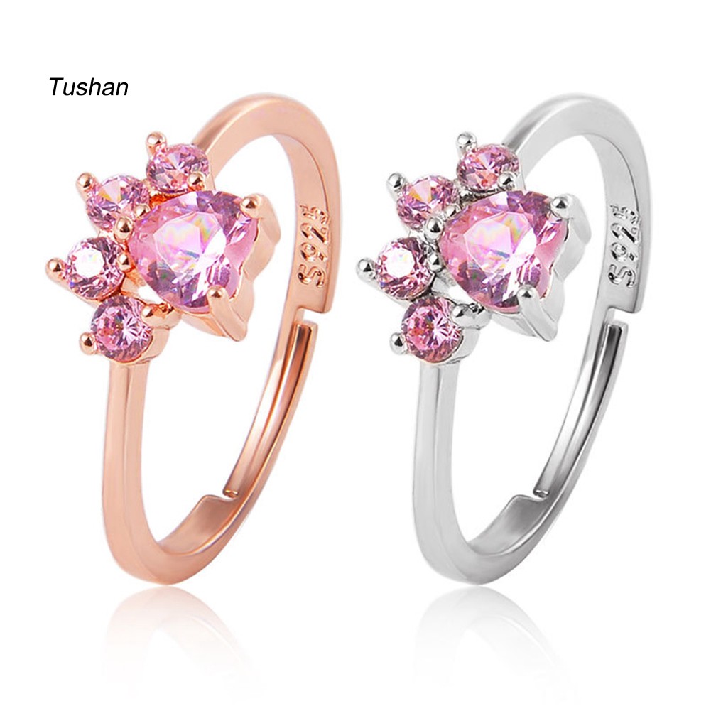 Nhẫn Đính Đá Zircon Hình Dấu Chân Mèo / Trái Tim Có Thể Điều Chỉnh Cho Nữ